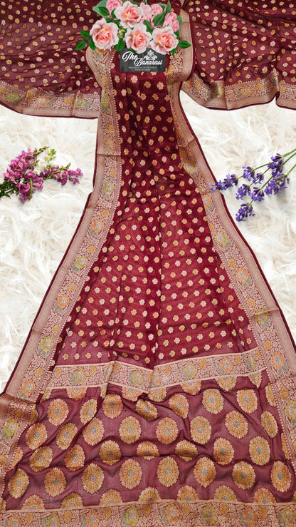 Lightweight Deep Maroon Handloom Chiffon Banarasi Saree with Gold Zari Work - Full View