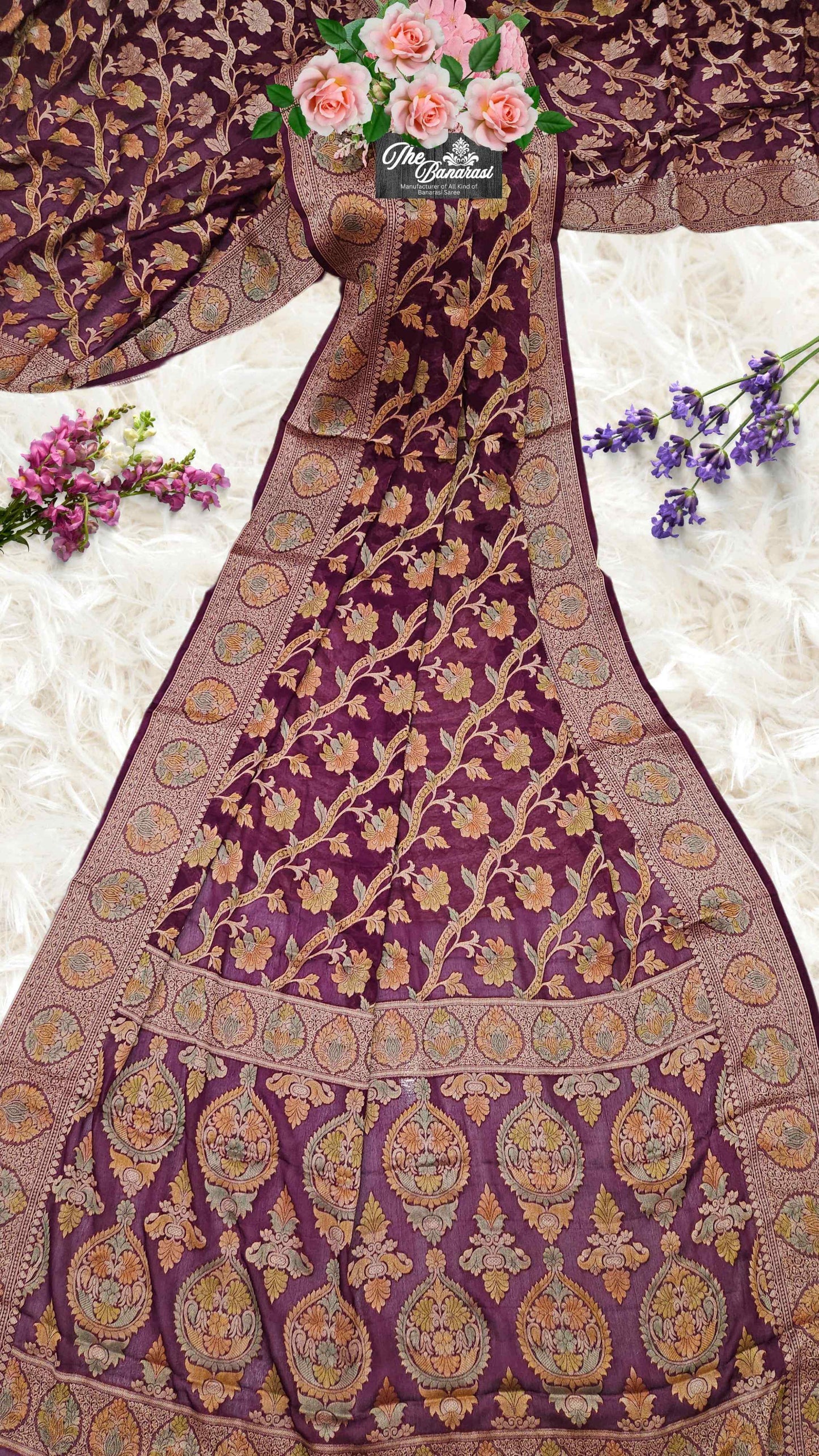 Lightweight Blackberry Purple Handloom Chiffon Banarasi Saree with Gold Zari Work - Full View