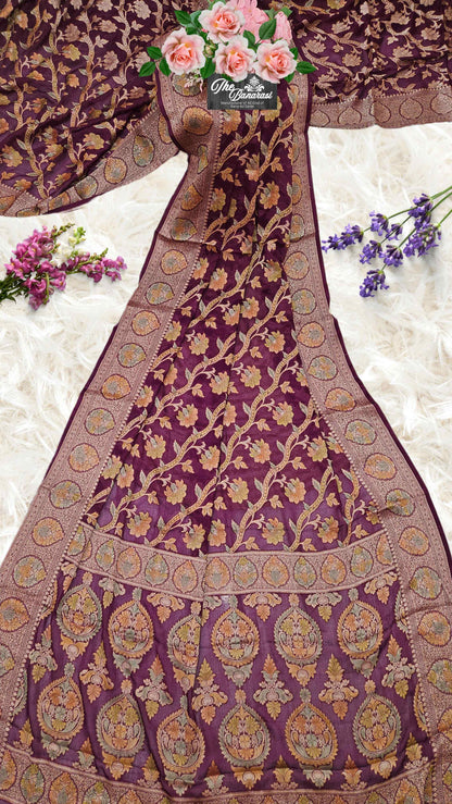 Lightweight Blackberry Purple Handloom Chiffon Banarasi Saree with Gold Zari Work - Full View