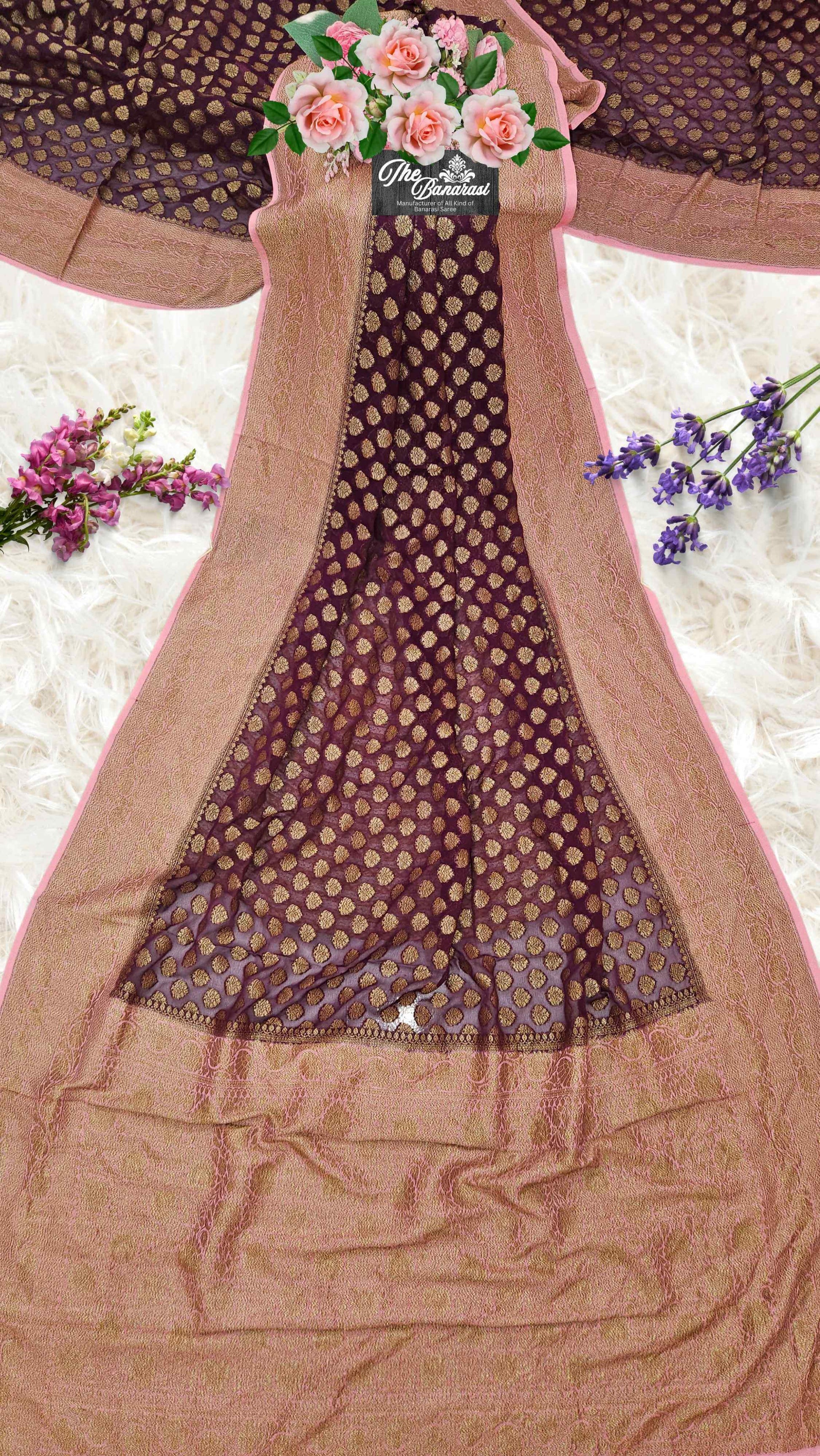 Lightweight Burgundy Handloom Chiffon Banarasi Saree with Gold Zari Work - Full View