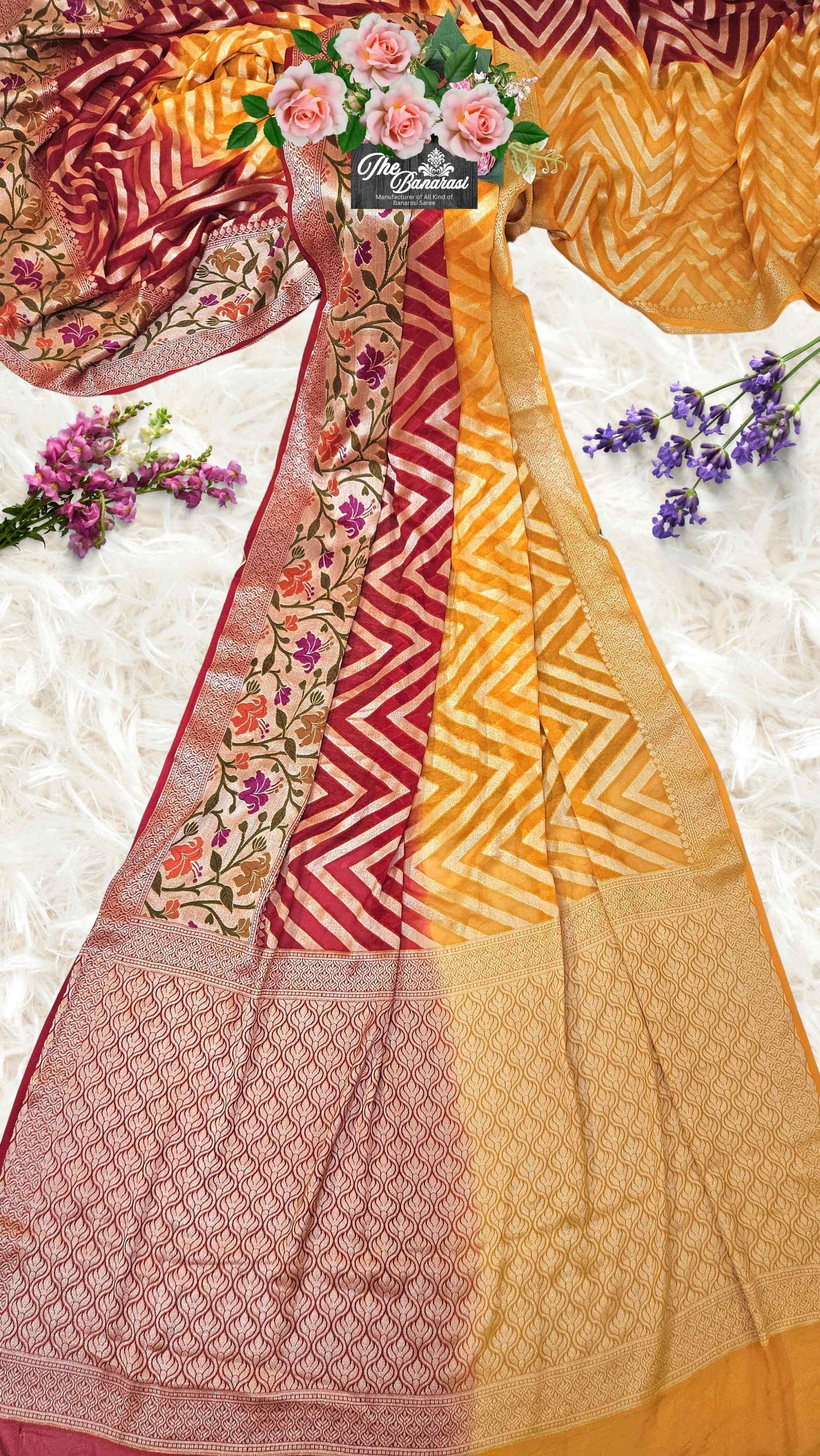 Lightweight Dual Shade Handloom Chiffon Banarasi Saree with Neem Zari Work - Full View