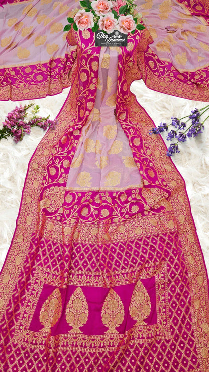 Lightweight 2D Shade Handloom Chiffon Banarasi Saree with Gold Zari Work - Full View