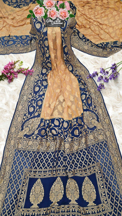 Lightweight Contrast Shade Handloom Chiffon Banarasi Saree with Gold Zari Work - Full View