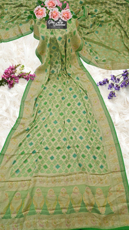 Lightweight Pistachio Green Handloom Chiffon Banarasi Saree with Water Zari Work - Full View