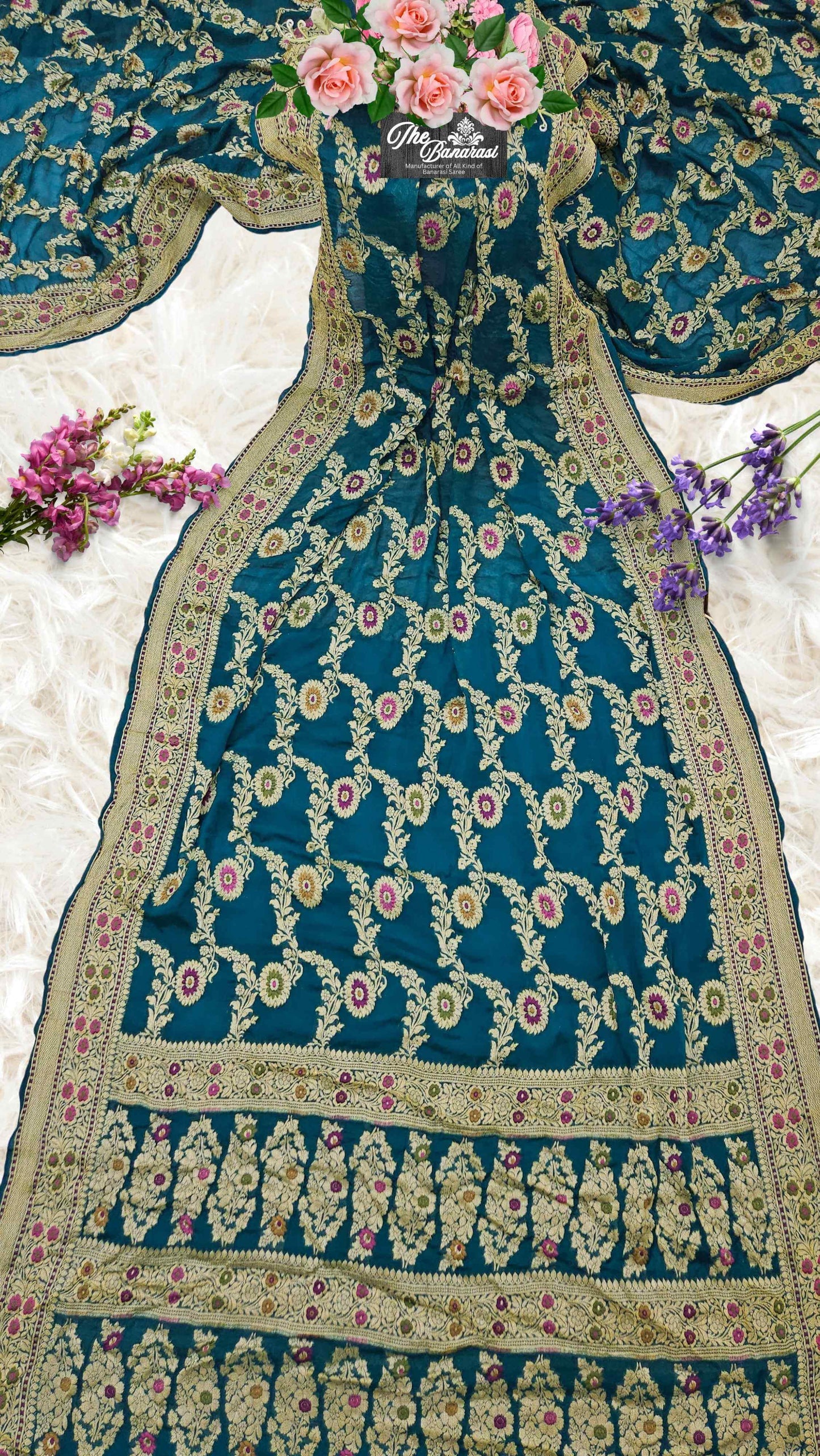 Lightweight Teal Handloom Chiffon Meenakari Banarasi Saree - Full View