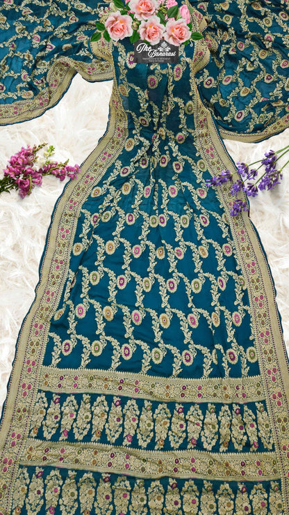 Lightweight Teal Handloom Chiffon Meenakari Banarasi Saree - Full View