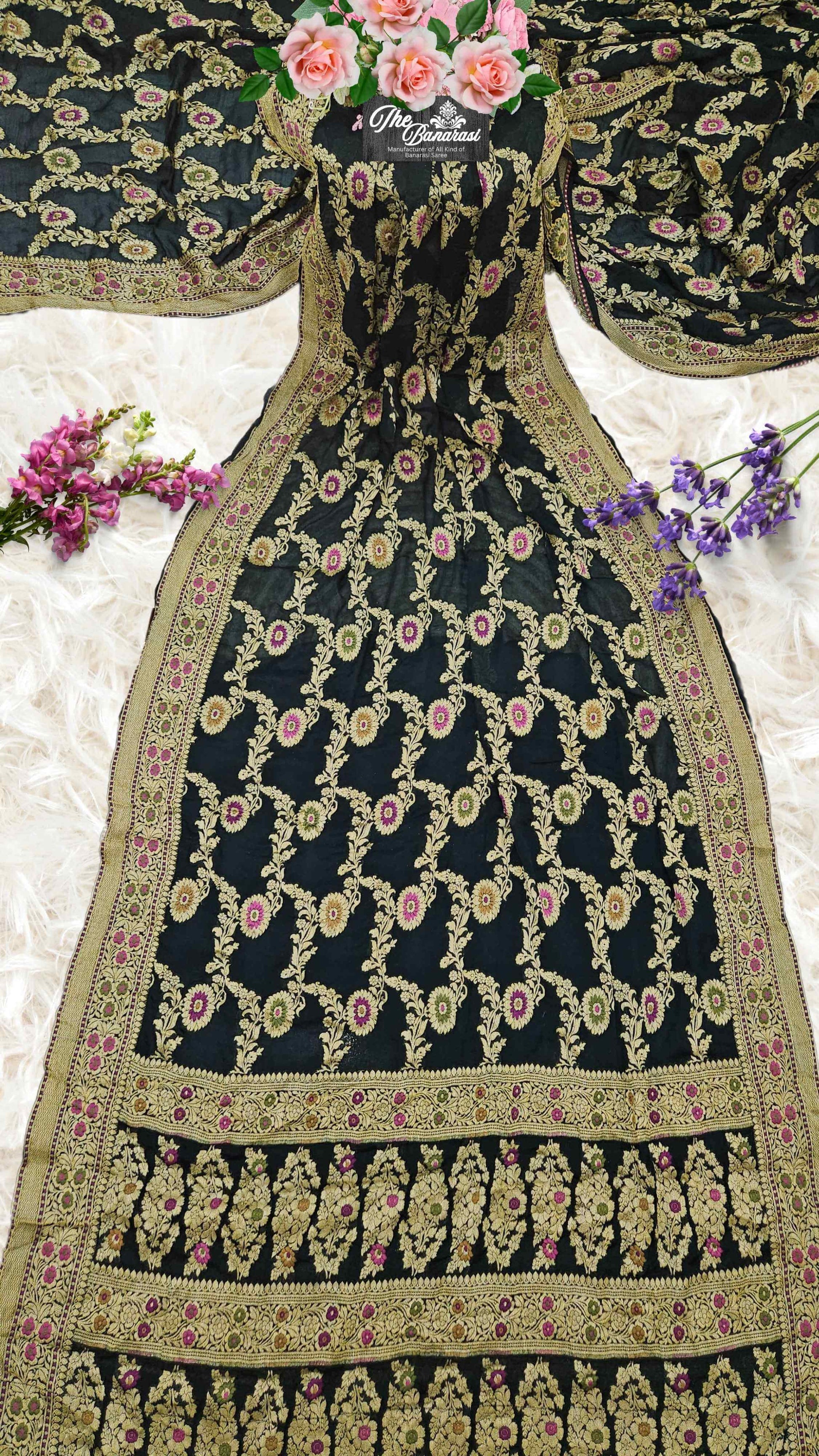 Lightweight Black Handloom Chiffon Meenakari Banarasi Saree - Full View