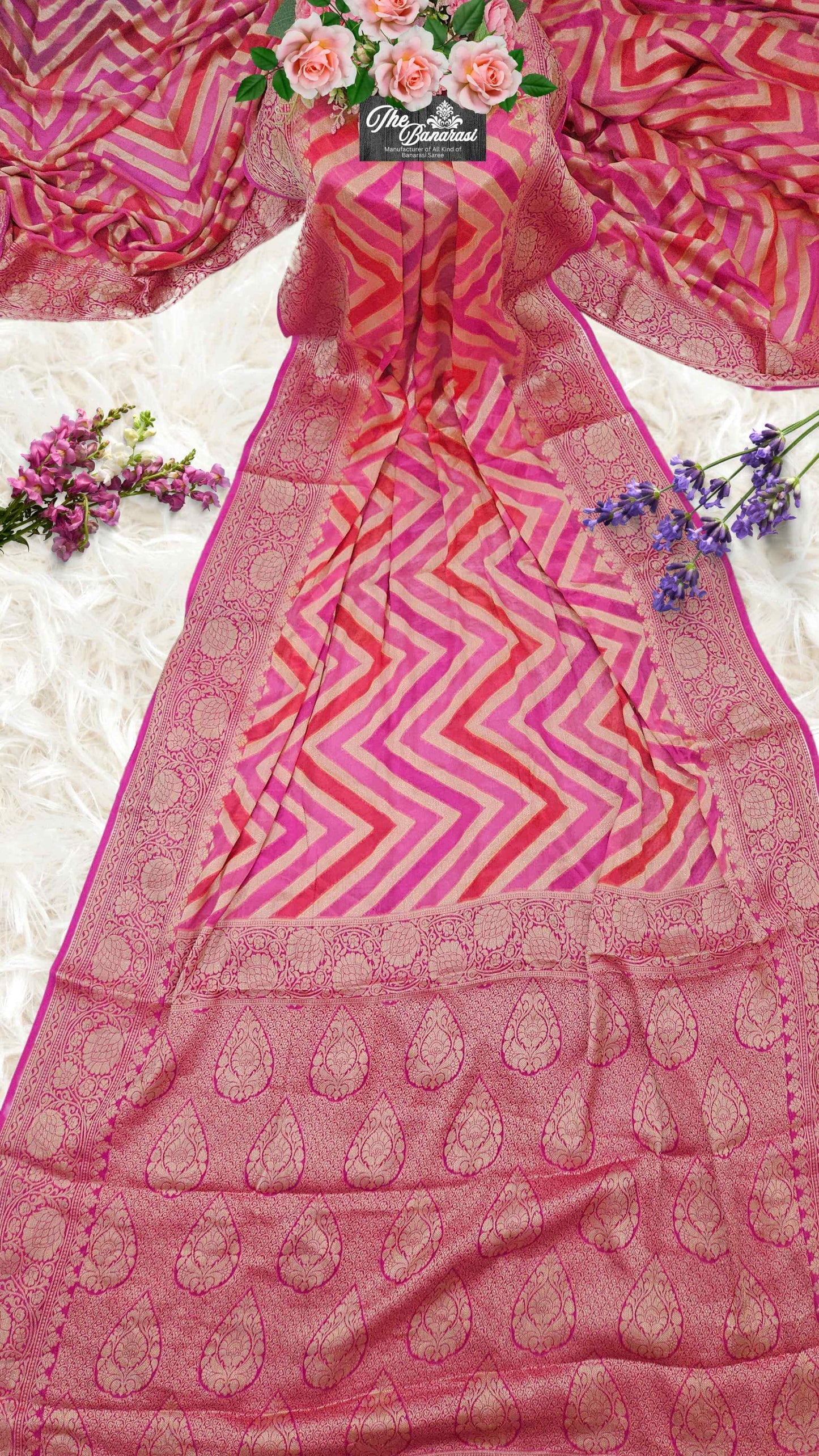 Lightweight Multi Color Handloom Chiffon Banarasi Saree with Neem Zari Work - Full View