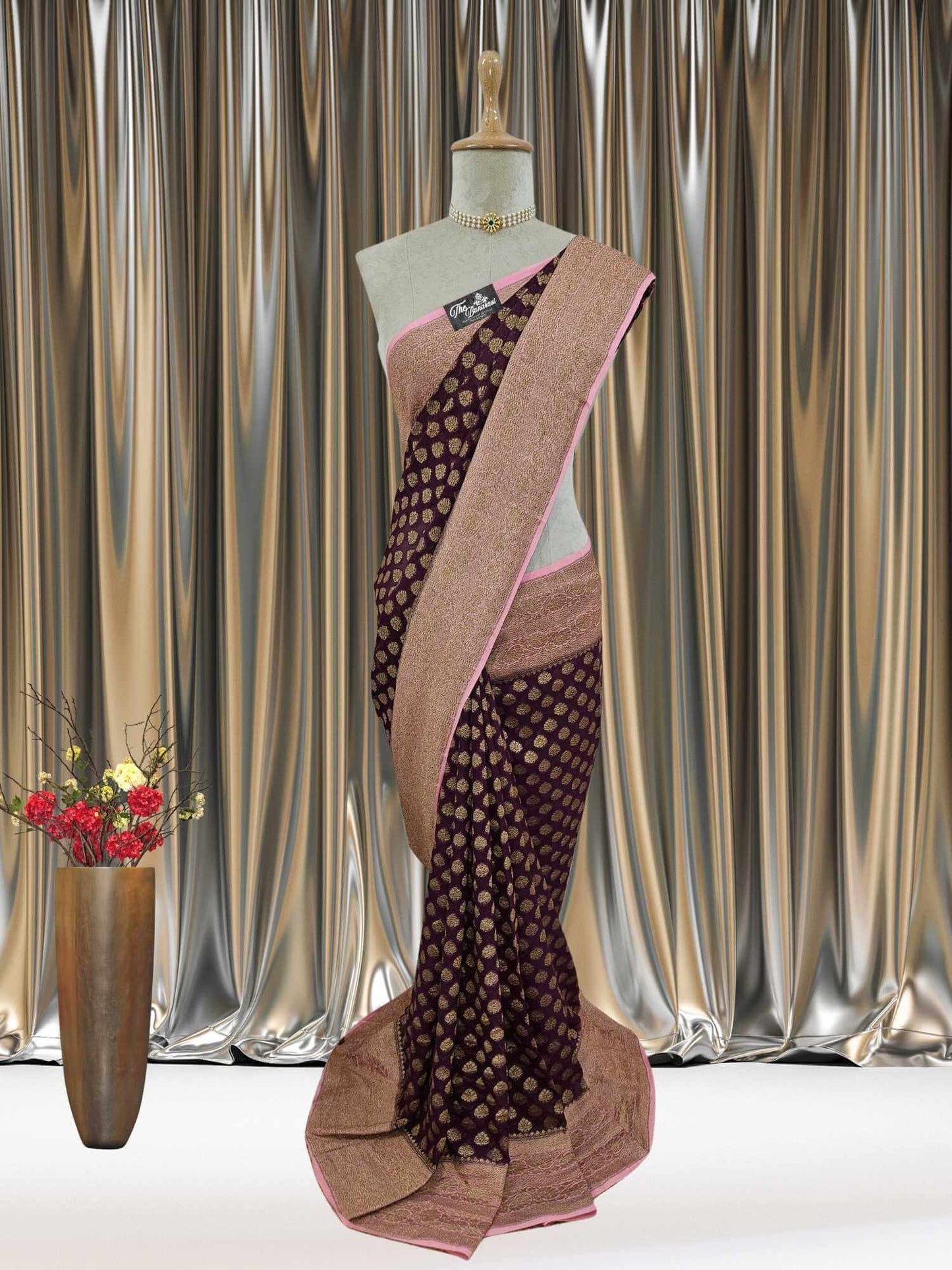 Mannequin wearing Lightweight Burgundy Handloom Chiffon Banarasi Saree with Gold Zari Work - Full View