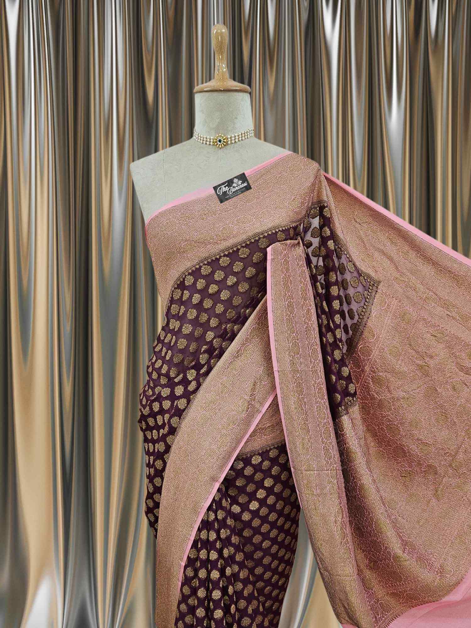 Close-up of Lightweight Burgundy Handloom Chiffon Banarasi Saree with Gold Zari Work