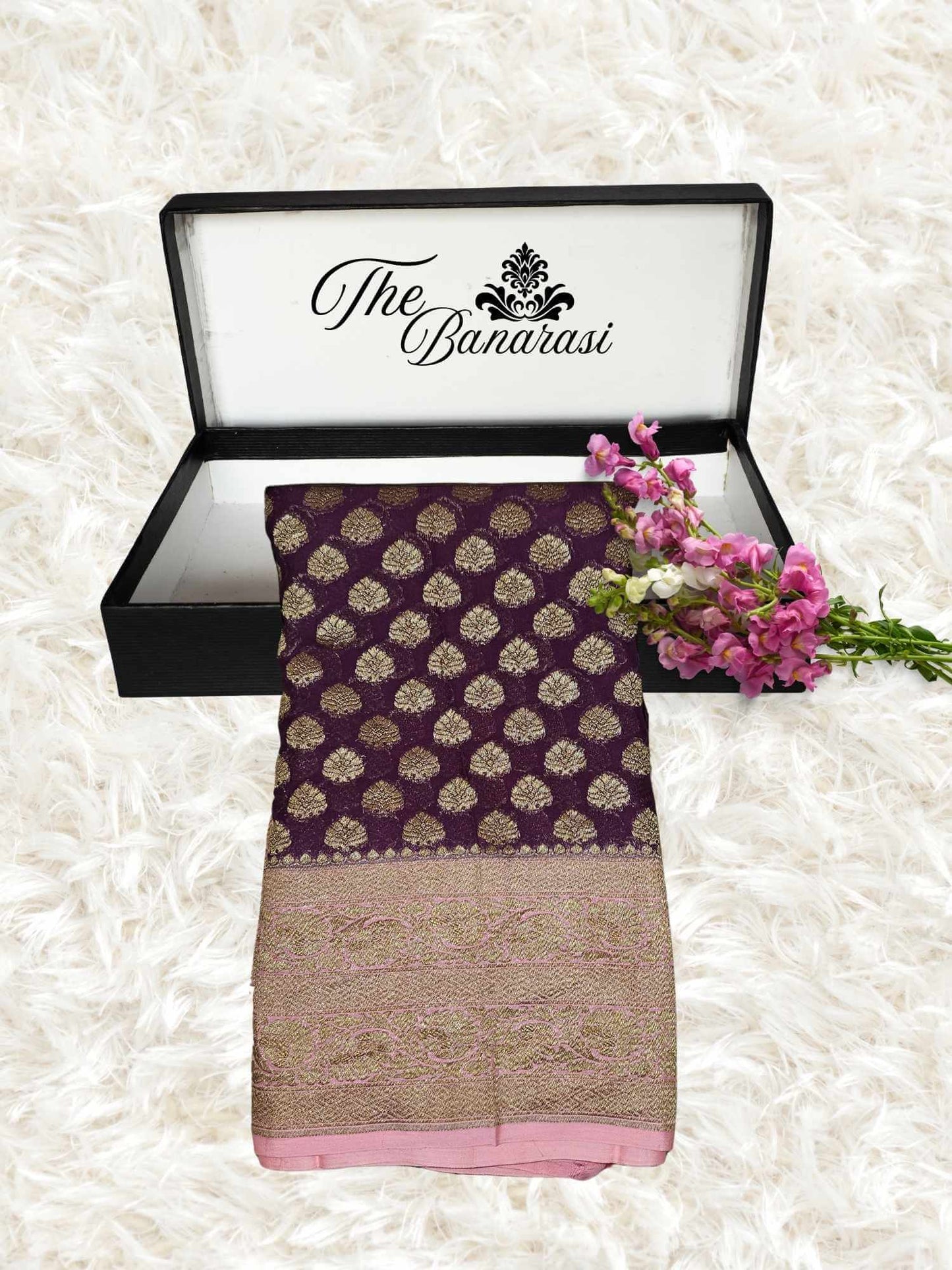Lightweight Burgundy Handloom Chiffon Banarasi Saree with Gold Zari Work - Partial View