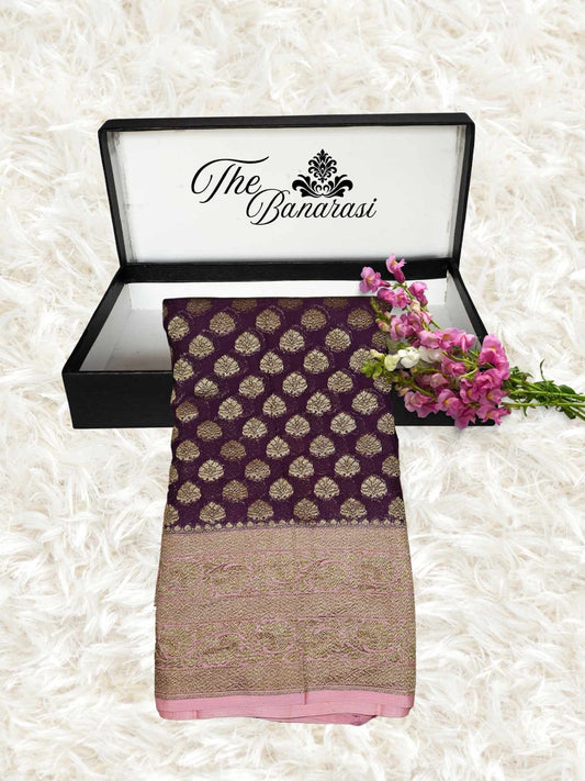 Lightweight Burgundy Handloom Chiffon Banarasi Saree with Gold Zari Work - Partial View