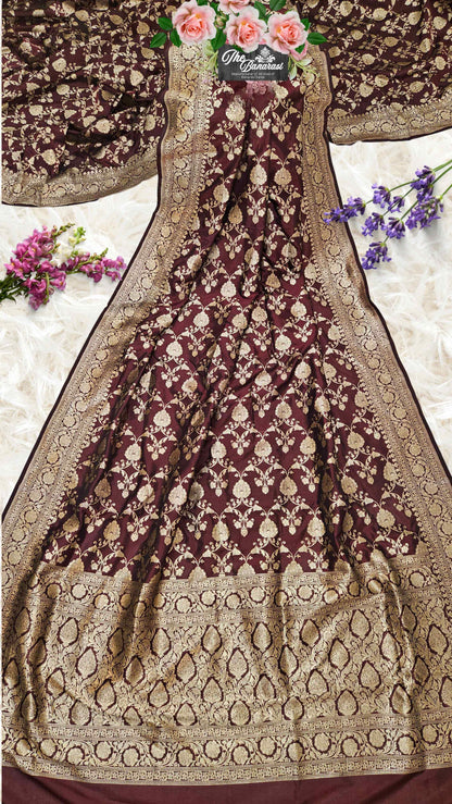 Umber Brown Katan Silk Handwoven Banarasi Saree with Gold Zari Work - Full View