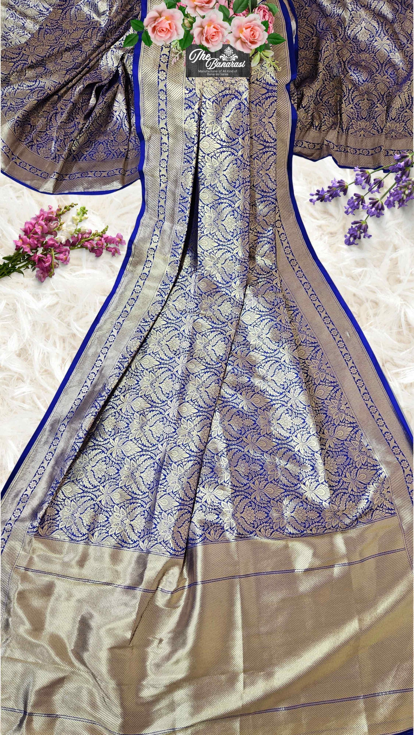 Azure Blue Katan Silk Tanchui Brocade Handwoven Banarasi Saree - Full View
