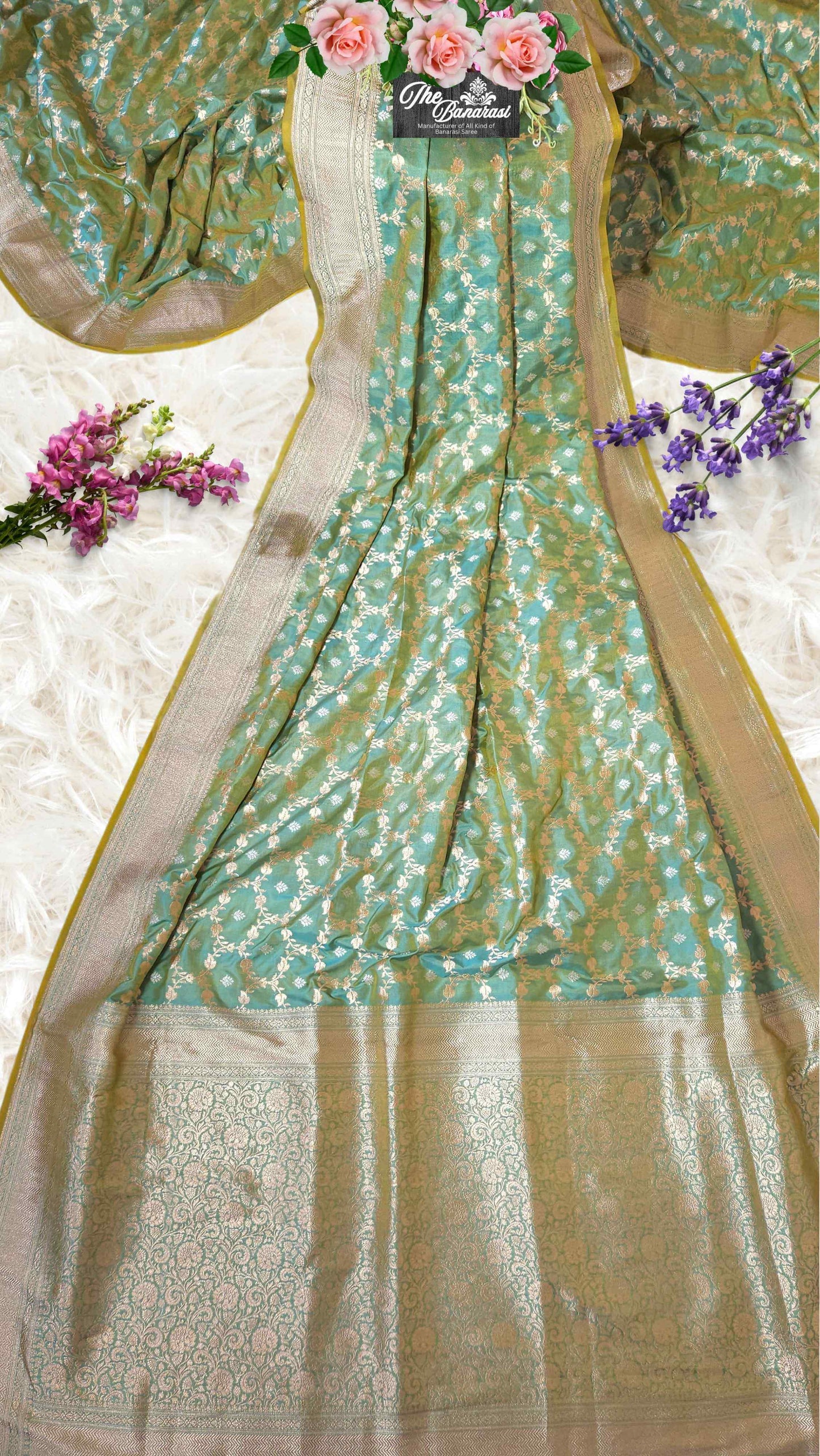 Umber Green Katan Silk Handwoven Banarasi Saree with Sona Roopa Work - Full View