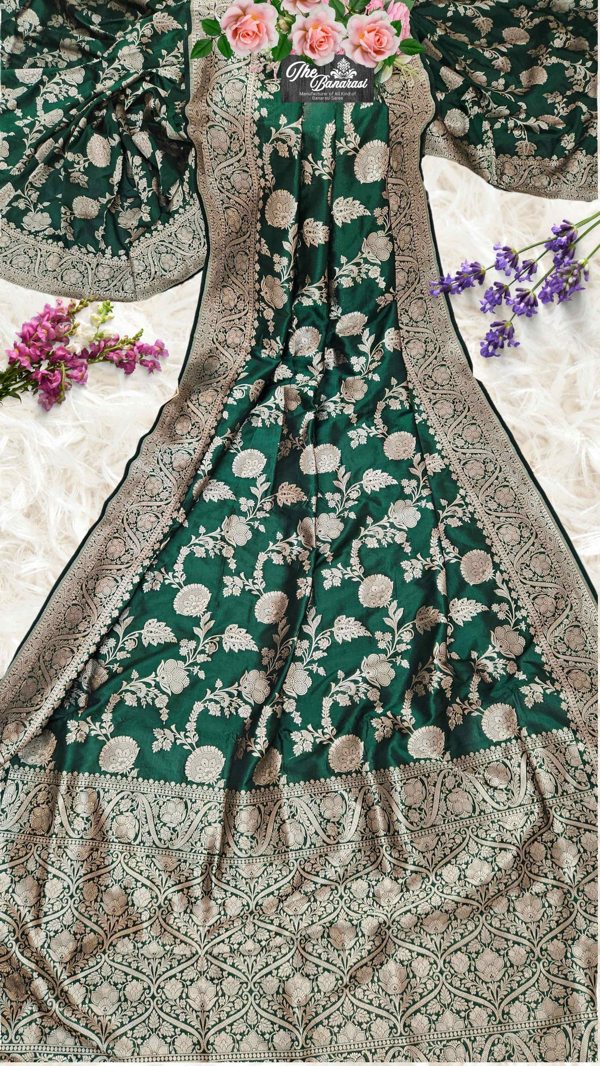 Dark Green Katan Silk Handwoven Banarasi Saree with Water Zari Work - Full View