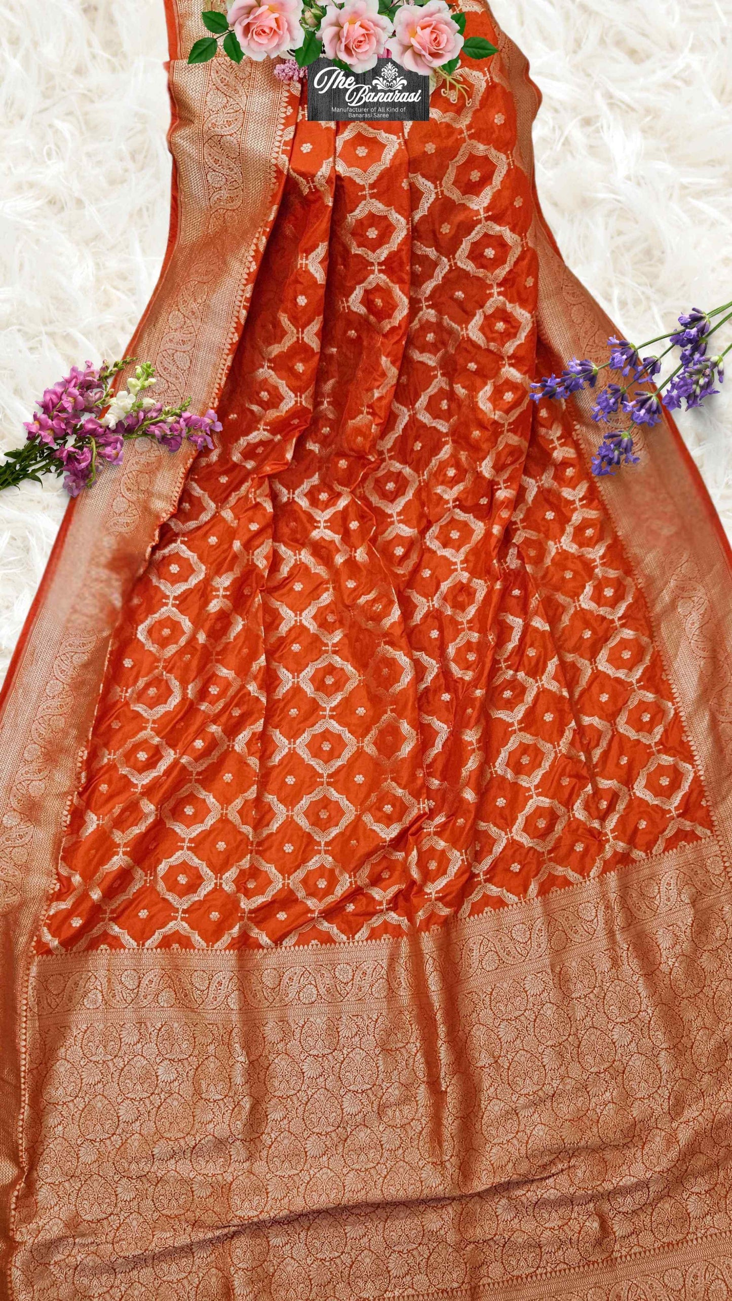 Orange Katan Silk Handwoven Banarasi Saree with Water Zari Work - Full View