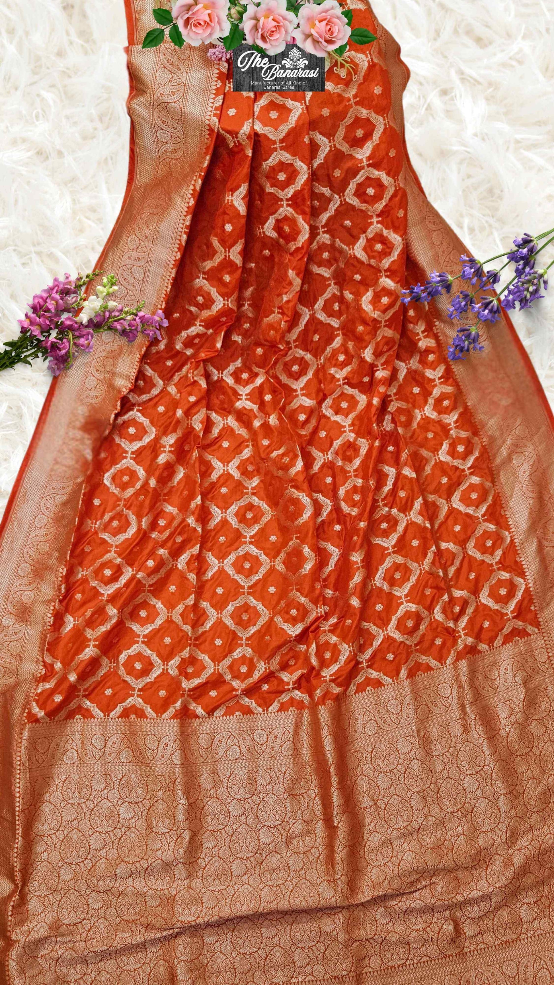Orange Katan Silk Handwoven Banarasi Saree with Water Zari Work - Full View
