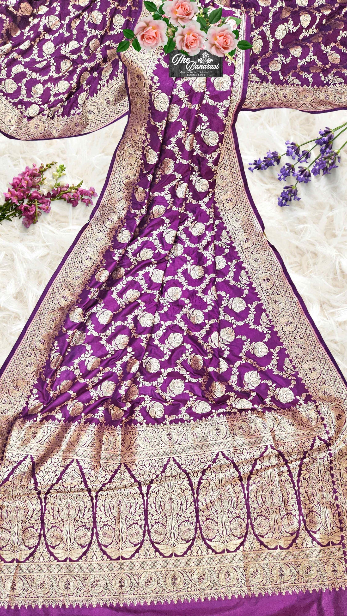 Orchid Purple Katan Silk Handwoven Banarasi Saree with Water Zari Work - Full View