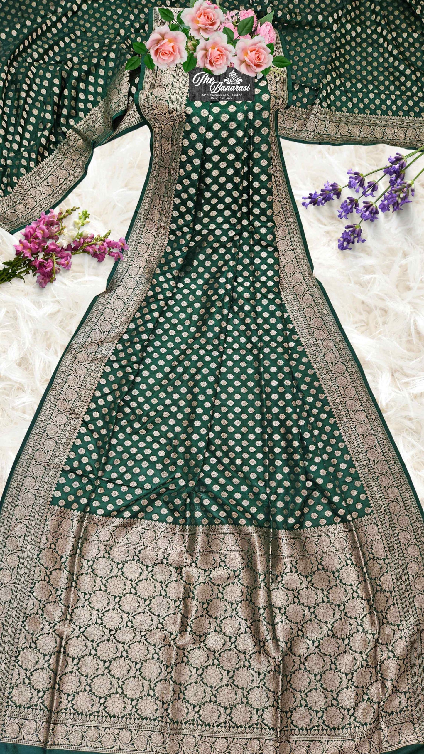 Dark Green Katan Silk Handwoven Banarasi Saree with Water Zari Work - Full View