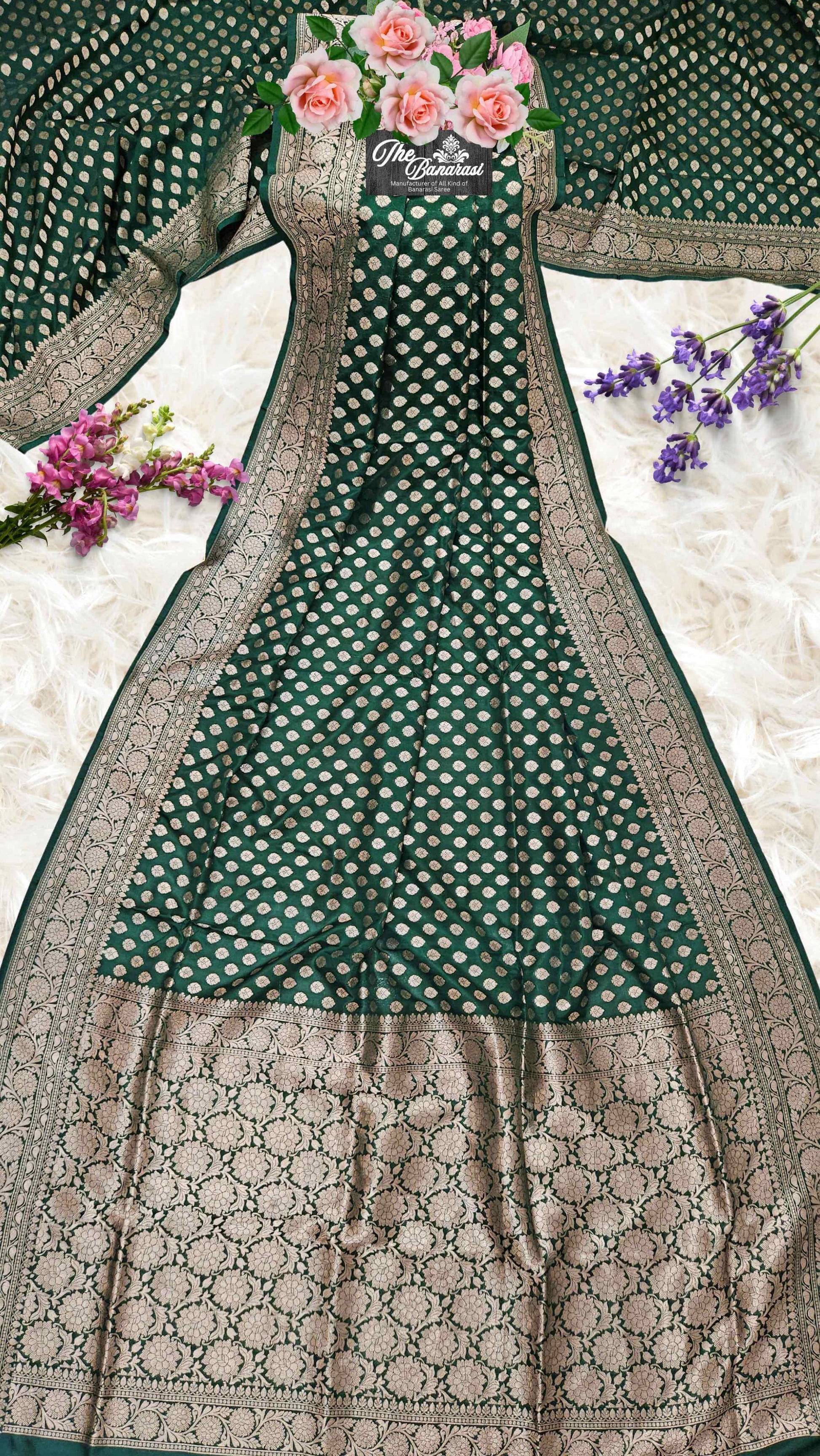 Dark Green Katan Silk Handwoven Banarasi Saree with Water Zari Work - Full View