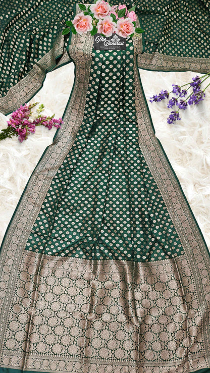 Dark Green Katan Silk Handwoven Banarasi Saree with Water Zari Work - Full View