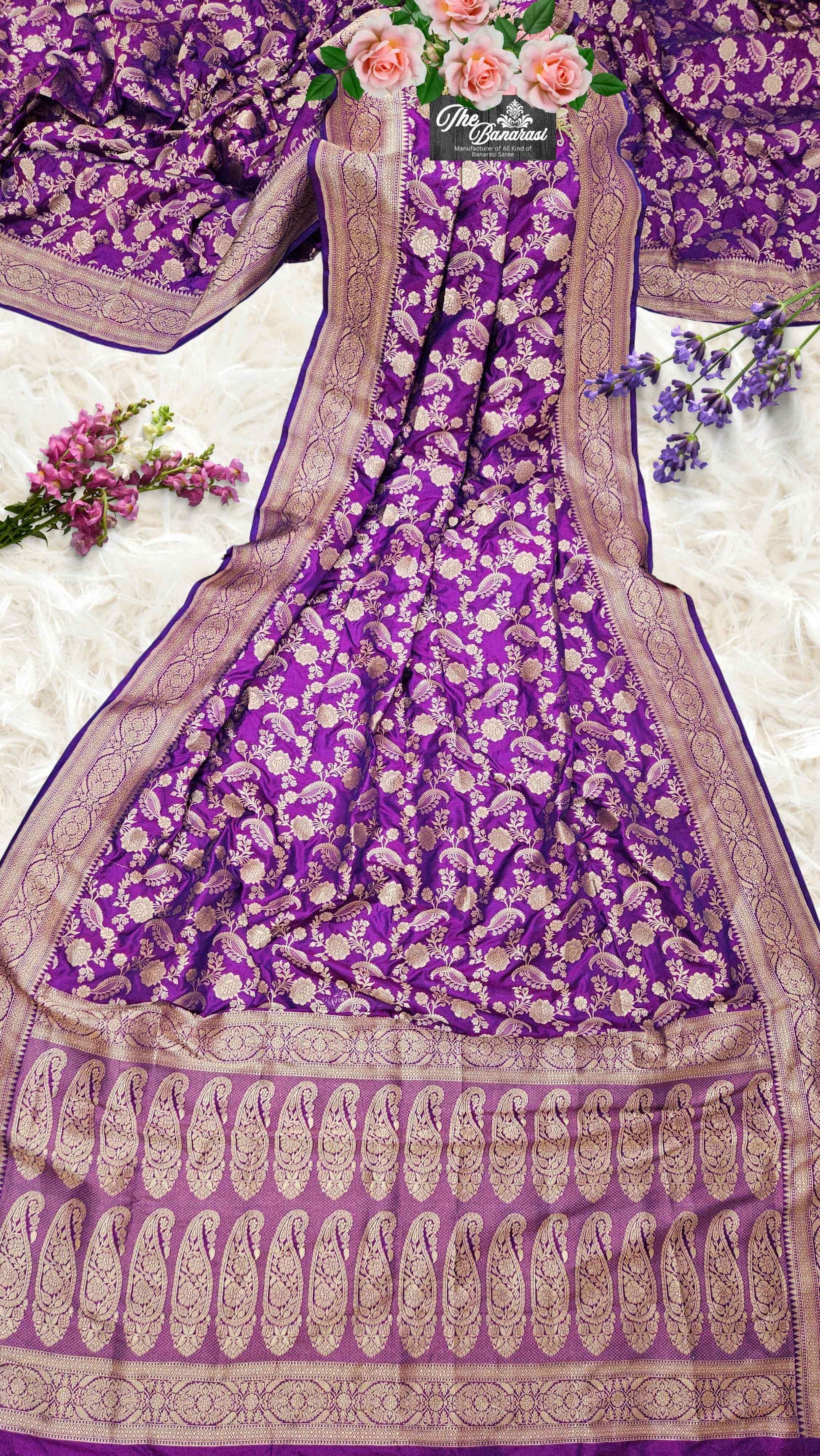 Violet Purple Katan Silk Handwoven Banarasi Saree with Water Zari Work - Full View