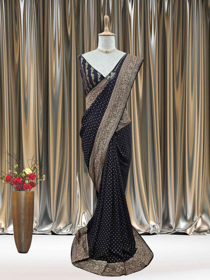 Mannequin wearing Black Crep Georgette Handwoven Banarasi Saree with Antique Zari Work - Full View