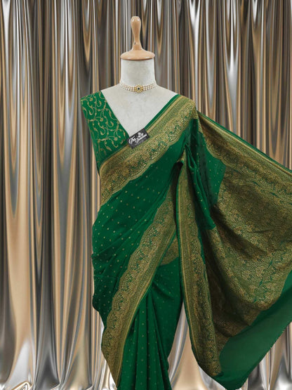 Close-up of Forest Green Crep Georgette Handwoven Banarasi Saree with Antique Zari Work