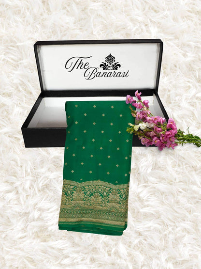 Forest Green Crep Georgette Handwoven Banarasi Saree with Antique Zari Work - Partial View