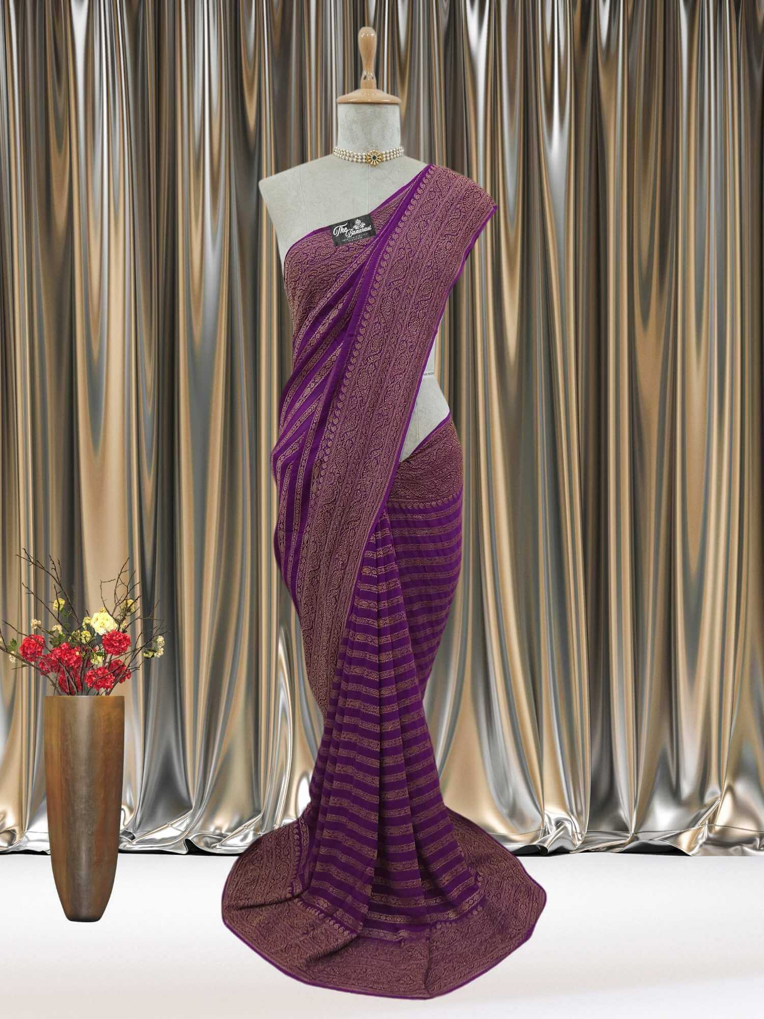 Mannequin wearing Chinese Purple Khaddi Georgette Handwoven Banarasi Saree with Antique Zari Work - Full View