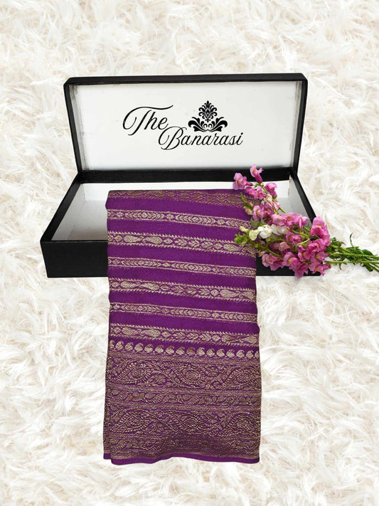 Chinese Purple Khaddi Georgette Handwoven Banarasi Saree with Antique Zari Work - Partial View