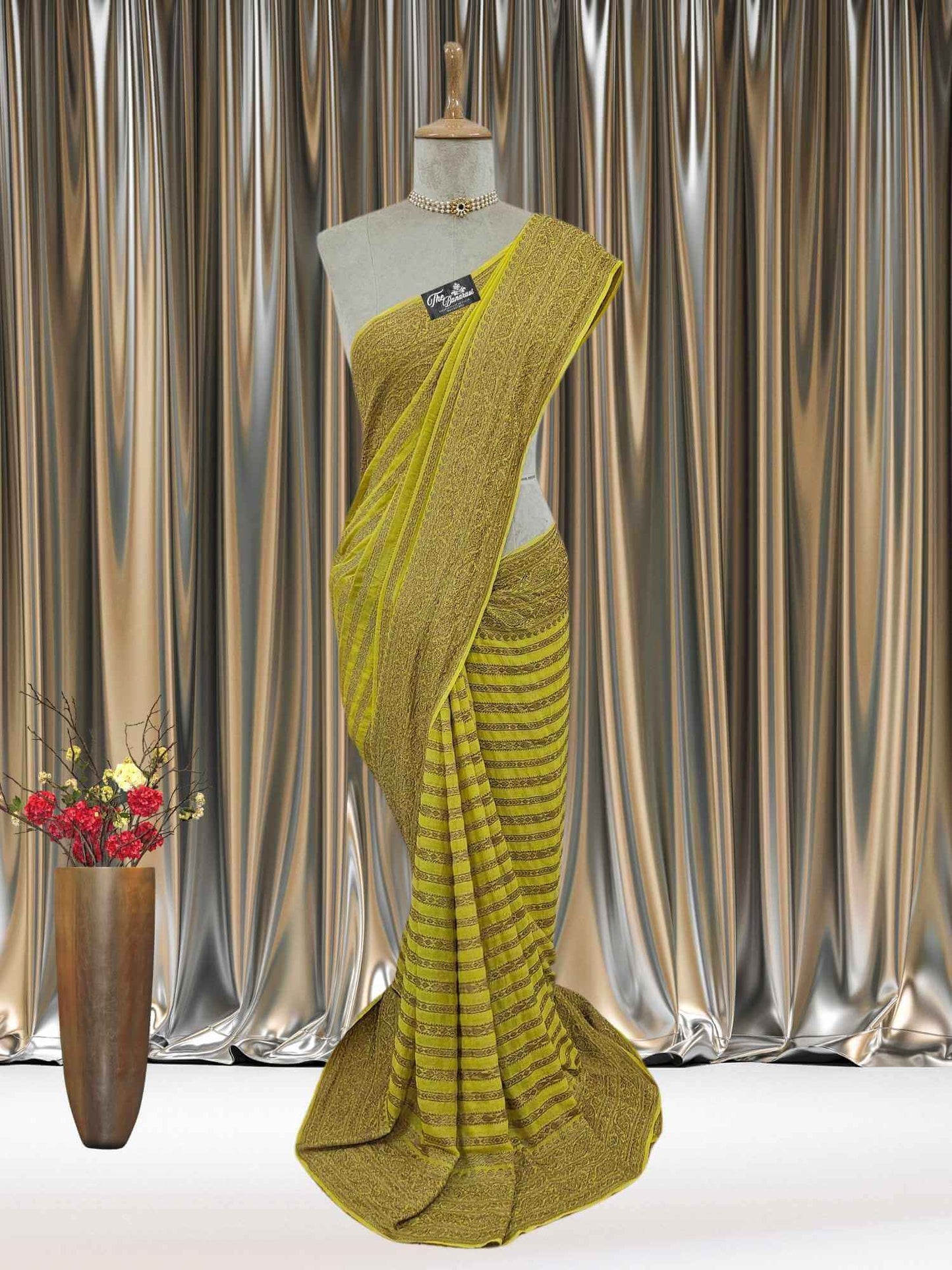 Mannequin wearing Neon Yellow Khaddi Georgette Handwoven Banarasi Saree with Antique Zari Work - Full View