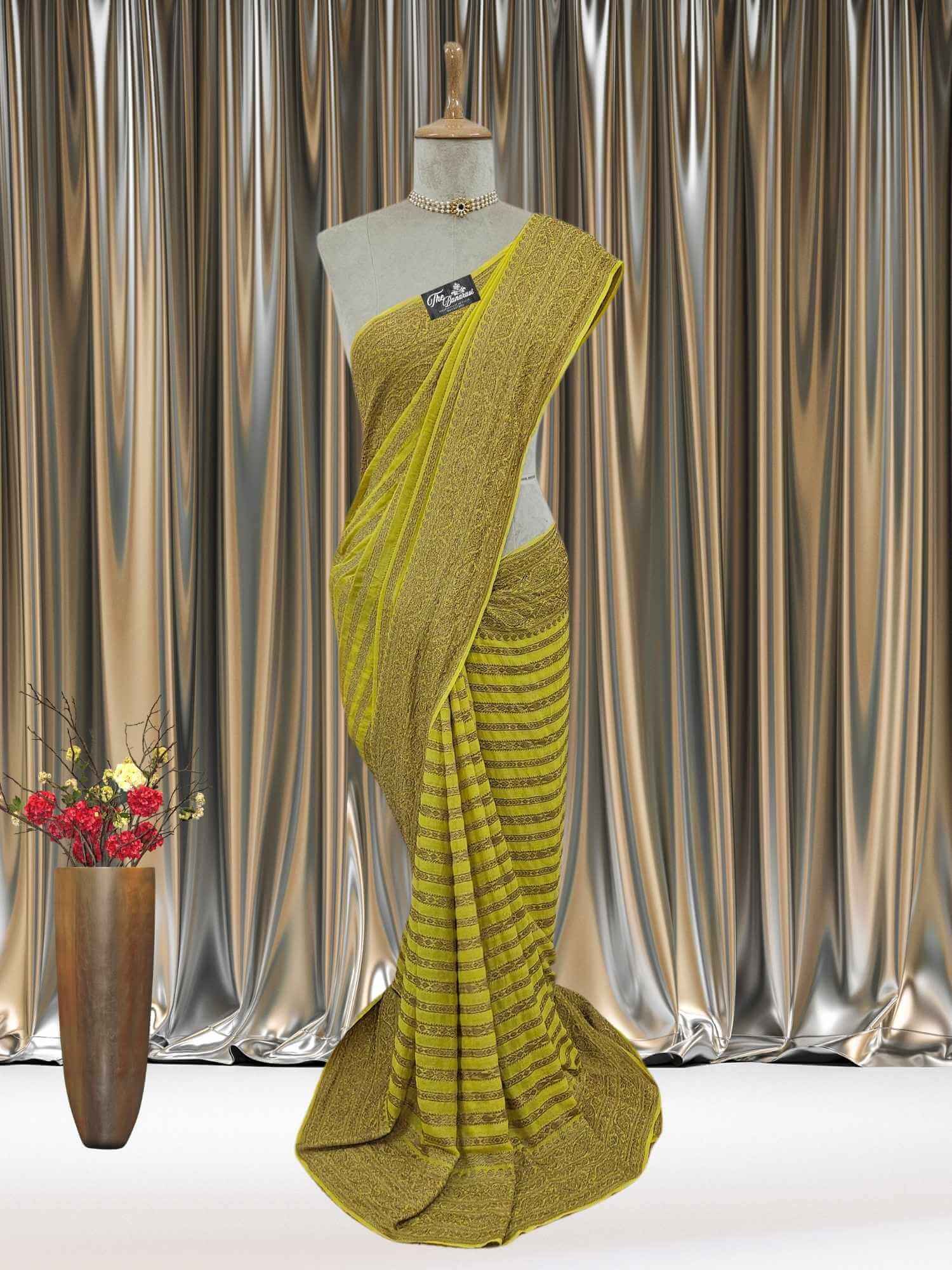 Mannequin wearing Neon Yellow Khaddi Georgette Handwoven Banarasi Saree with Antique Zari Work - Full View