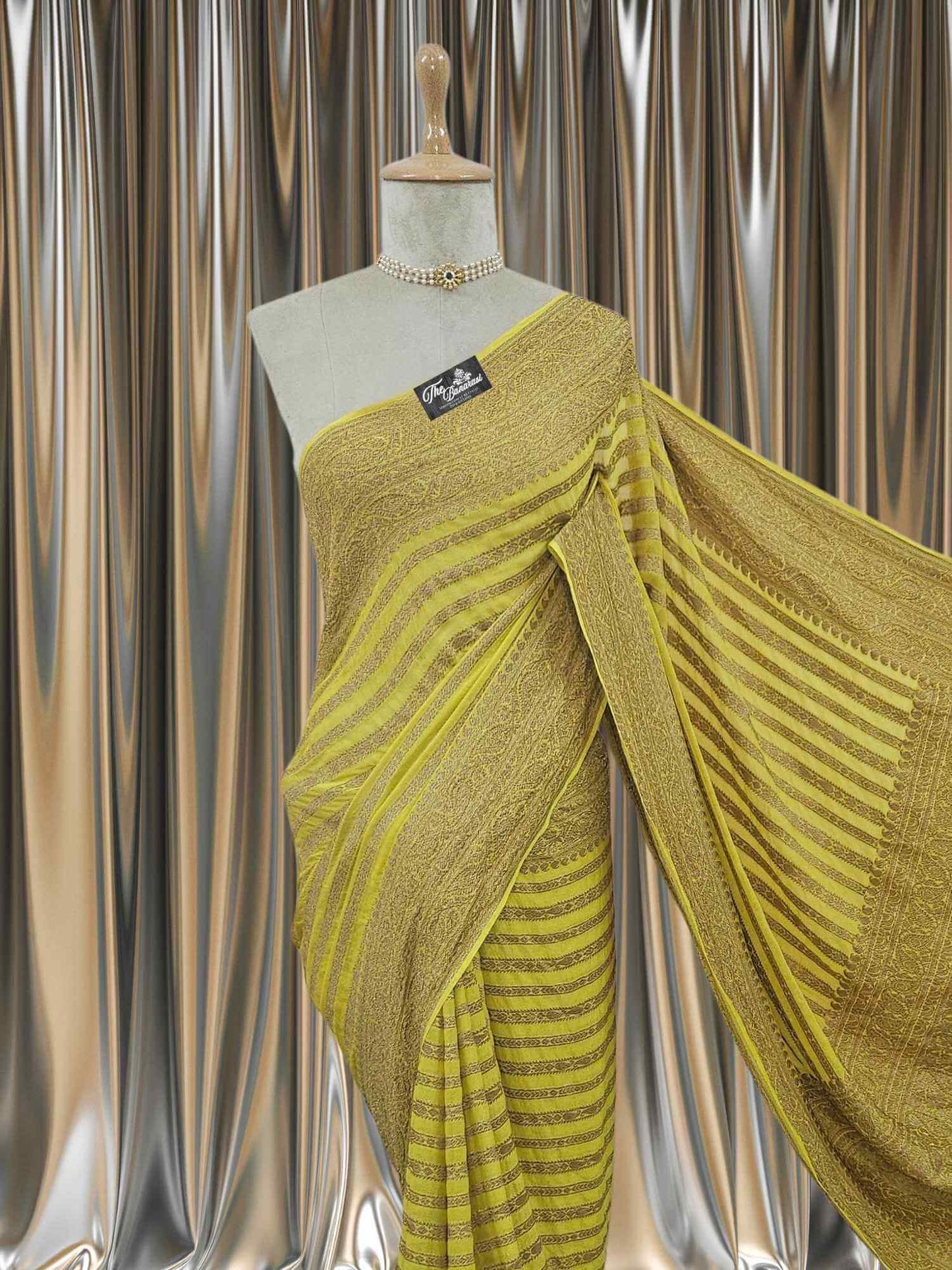 Close-up of Neon Yellow Khaddi Georgette Handwoven Banarasi Saree with Antique Zari Work