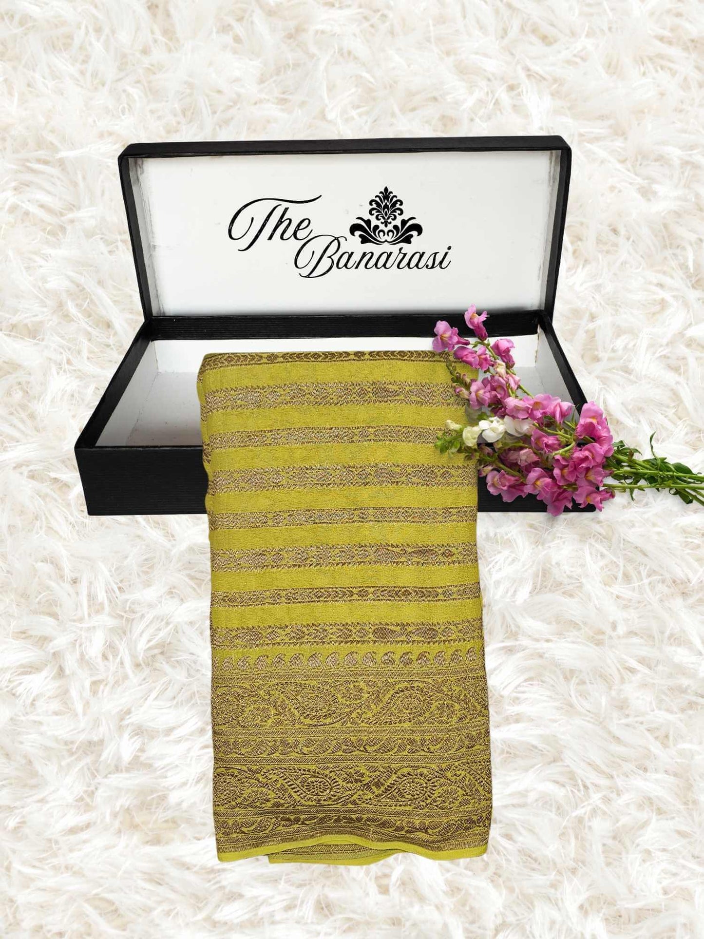 Neon Yellow Khaddi Georgette Handwoven Banarasi Saree with Antique Zari Work - Partial View