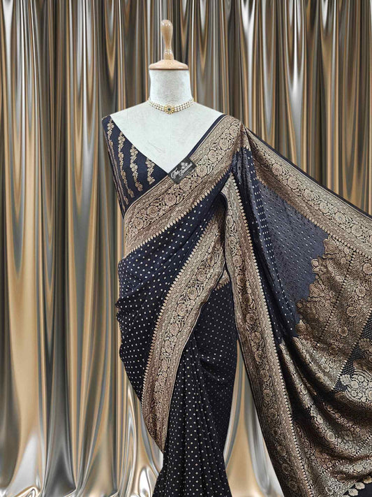 Close-up of Black Crep Georgette Handwoven Banarasi Saree with Antique Zari Work