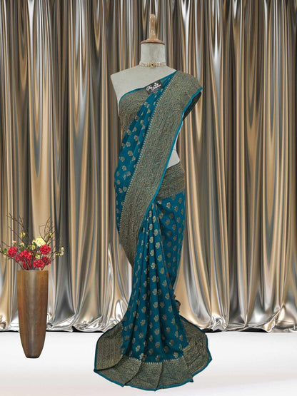 Mannequin wearing Pine Green Khaddi Georgette Handwoven Banarasi Saree with Antique Zari Work - Full View