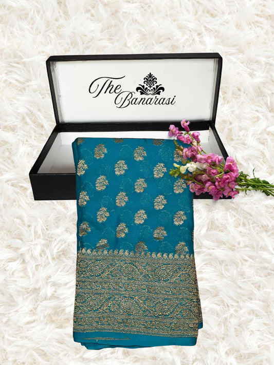 Pine Green Khaddi Georgette Handwoven Banarasi Saree with Antique Zari Work - Partial View