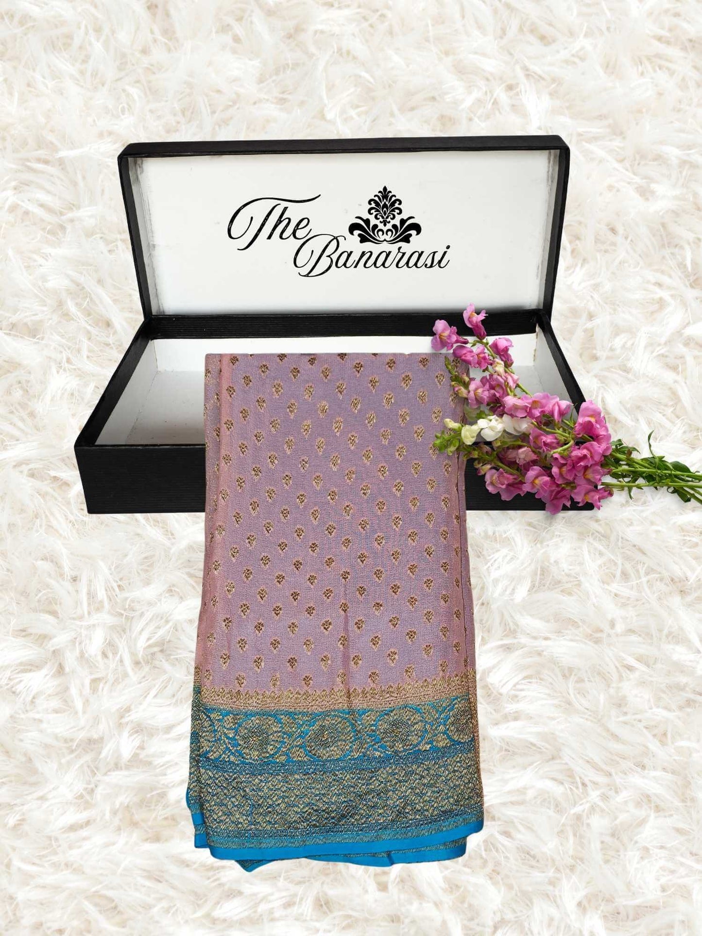 2D Shades Khaddi Georgette Handwoven Banarasi Saree with Antique Zari Work - Partial View