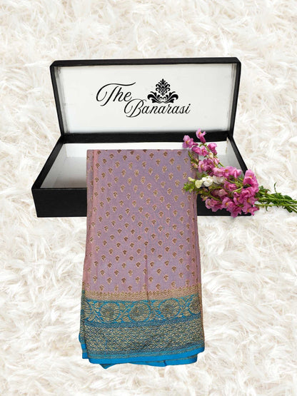 2D Shades Khaddi Georgette Handwoven Banarasi Saree with Antique Zari Work - Partial View