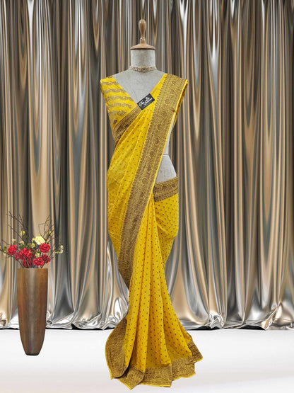 Mannequin wearing Yellow Crep Georgette Handwoven Banarasi Saree with Antique Zari Work - Full View