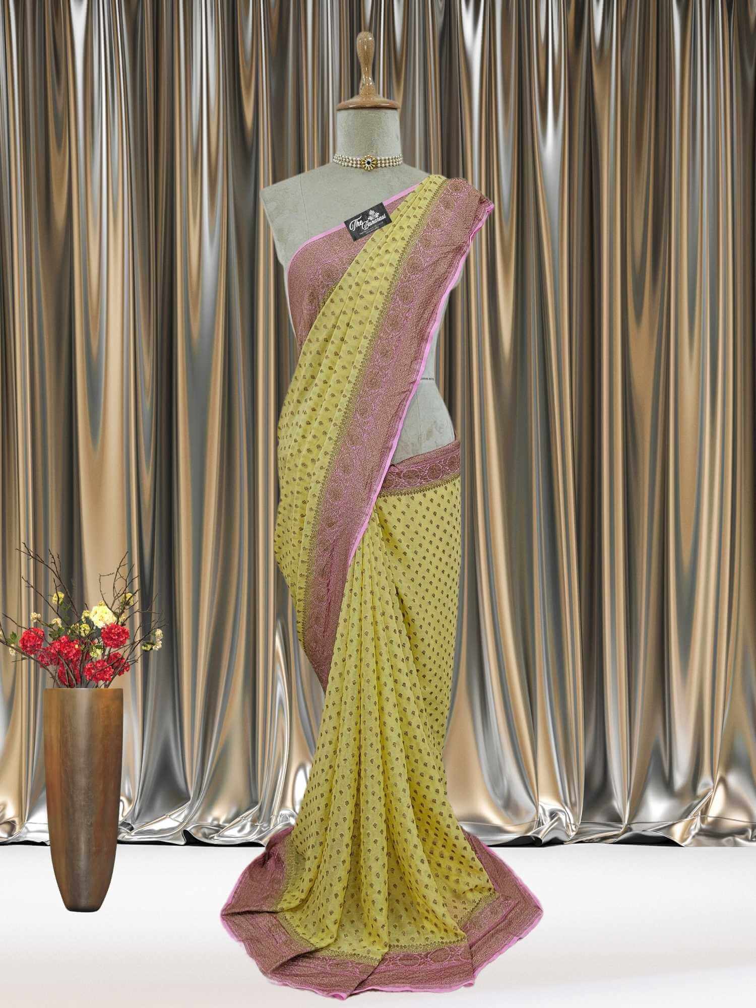 Mannequin wearing Two-Tone Color Khaddi Georgette Handwoven Banarasi Saree with Antique Zari Work - Full View