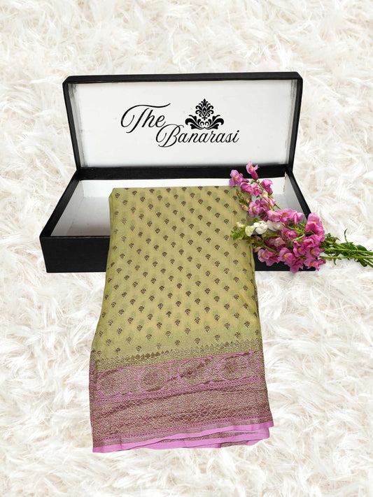 Two-Tone Color Khaddi Georgette Handwoven Banarasi Saree with Antique Zari Work - Partial View