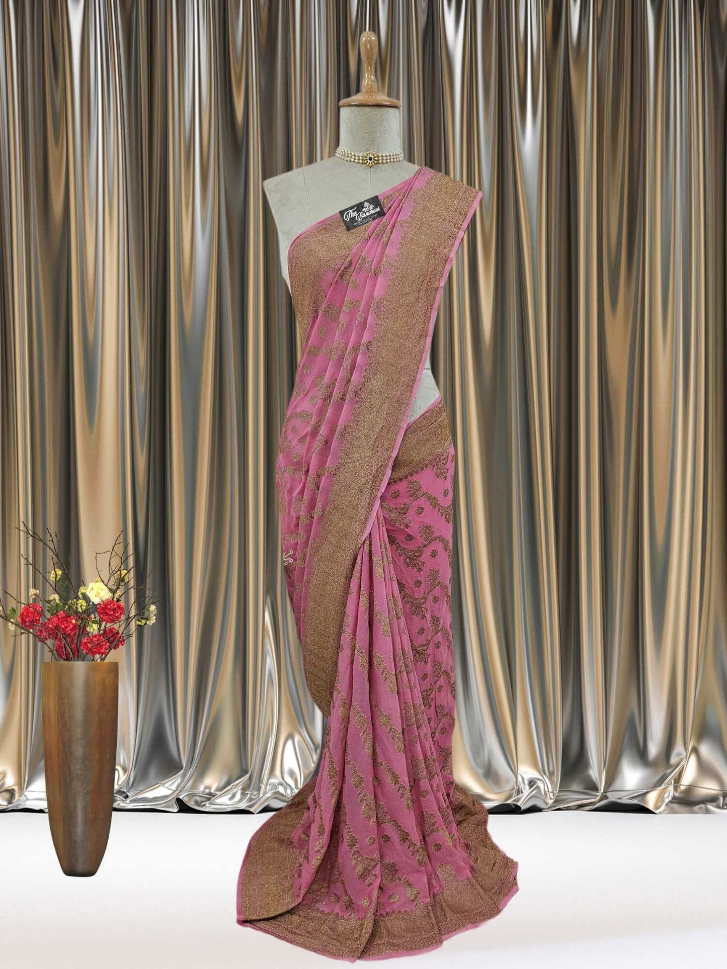 Mannequin wearing Rauge Pink Khaddi Georgette Handwoven Banarasi Saree with Antique Zari Work - Full View
