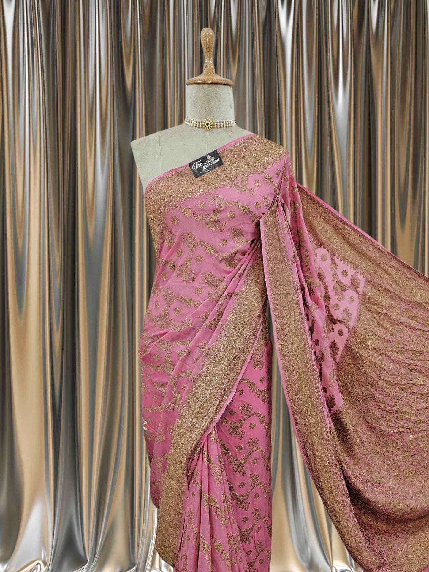 Close-up of Rauge Pink Khaddi Georgette Handwoven Banarasi Saree with Antique Zari Work