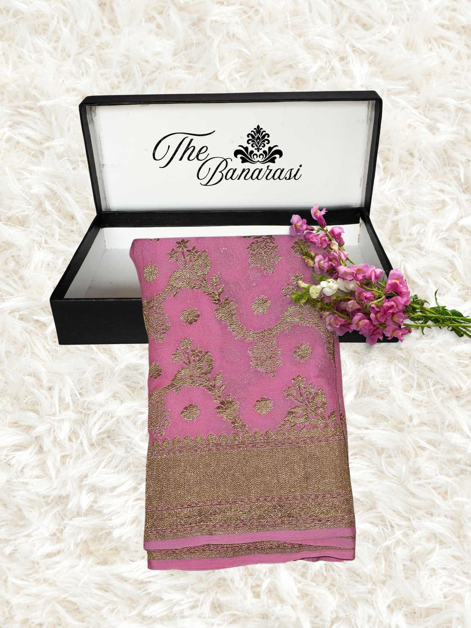 Rauge Pink Khaddi Georgette Handwoven Banarasi Saree with Antique Zari Work - Partial View