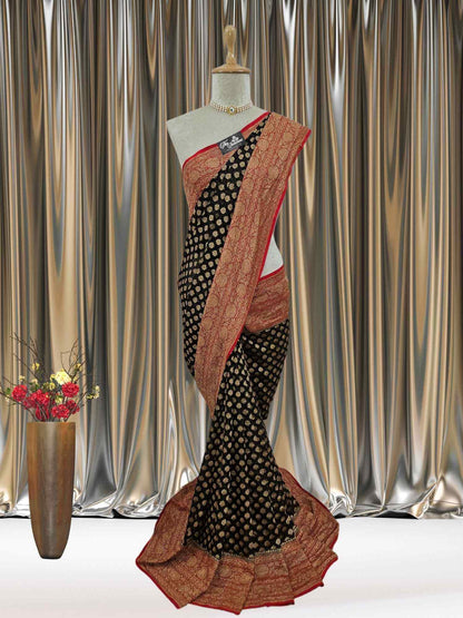 Mannequin wearing Dual Shade Khaddi Georgette Handwoven Banarasi Saree with Antique Zari Work - Full View
