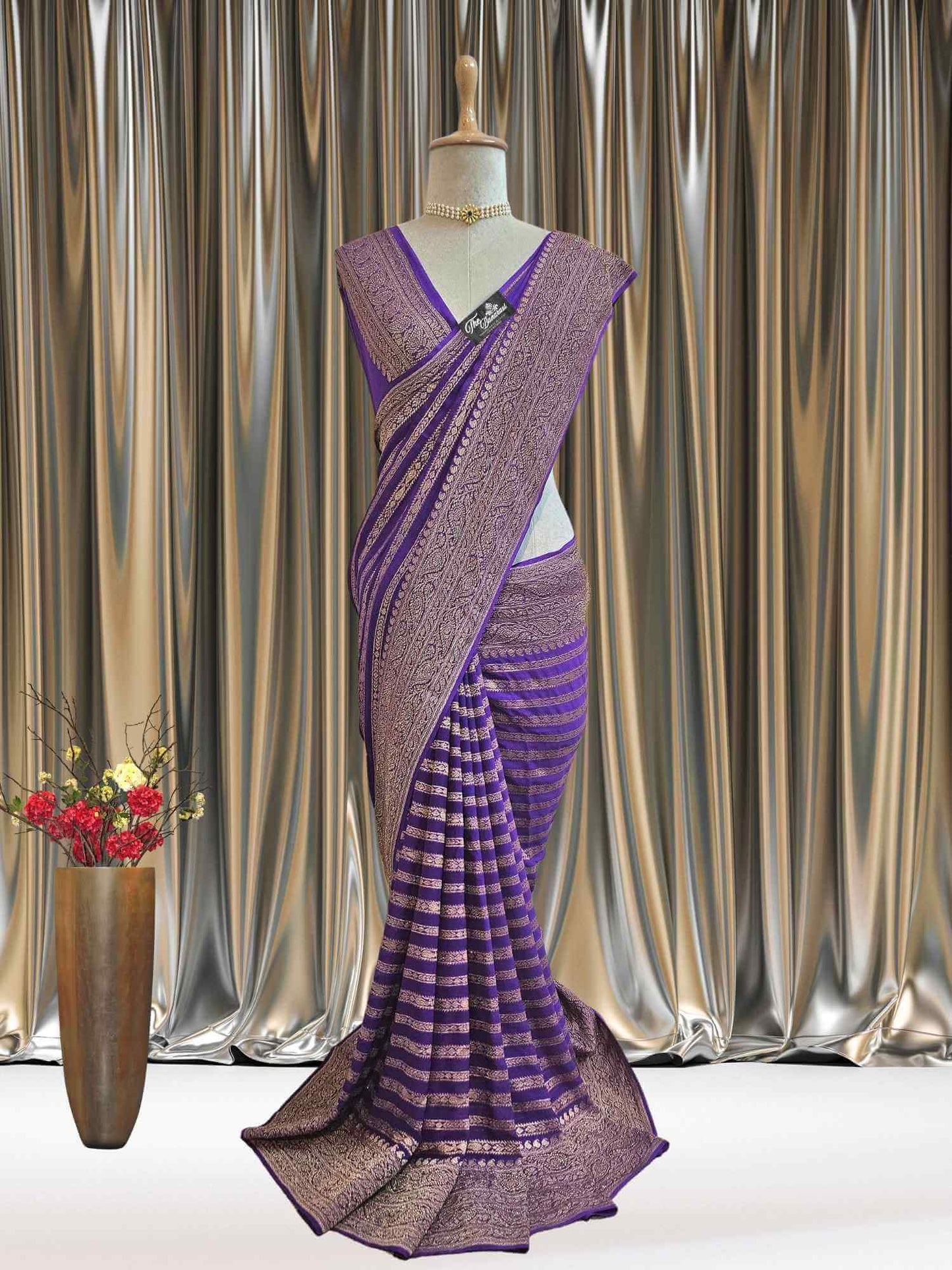 Mannequin wearing Purple Khaddi Georgette Handwoven Banarasi Saree with Antique Zari Work - Full View