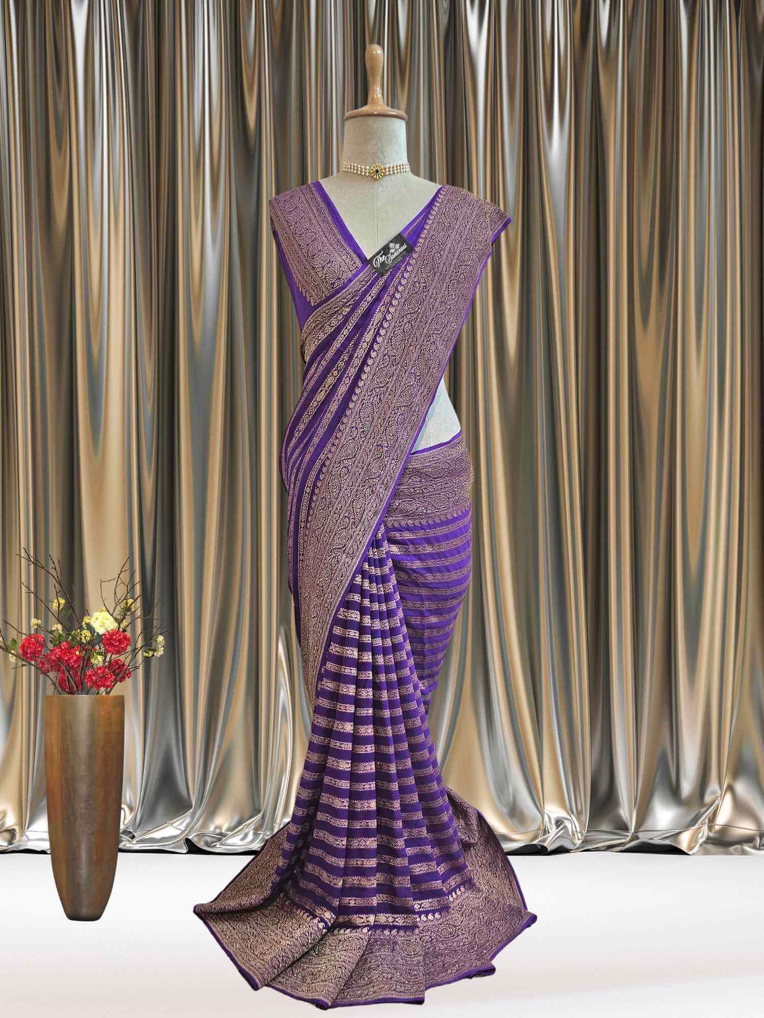 Mannequin wearing Purple Khaddi Georgette Handwoven Banarasi Saree with Antique Zari Work - Full View